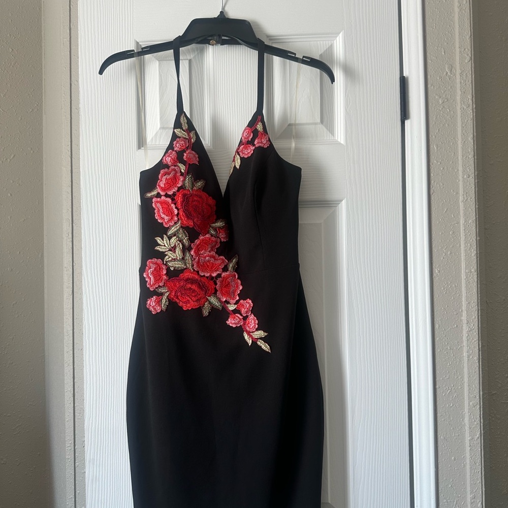 Windsor Black Mini Dress with Red Floral Design